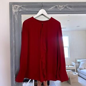 Elie Tahari‎ SIlk Pernilla Red Long Sleeve Ruffle Front Blouse Top Size Large